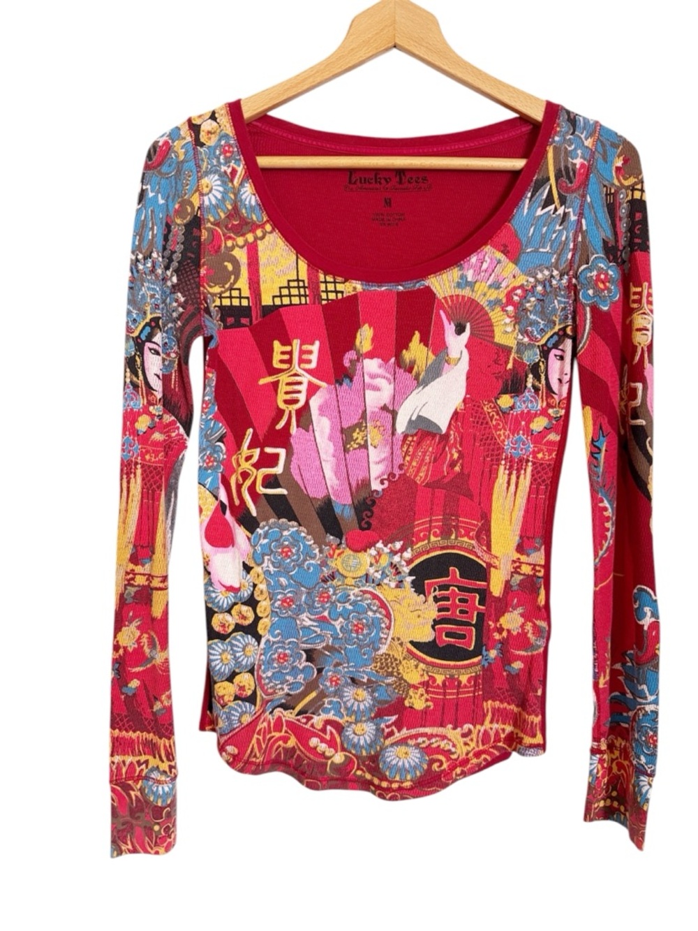 Lucky Tees Red Asian Art-Wear Print Y2K Long Sleeve Scoop Neck Thermal Top sz M